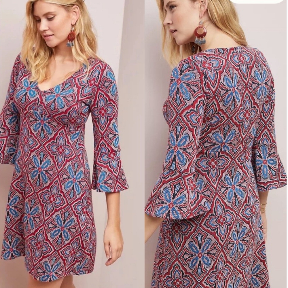 Anthropologie Maeve Barrie‎ Sweater Dress Blue Red Knit Size XS V-Neck A-line